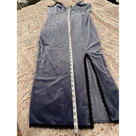 Forever 21‎ Womens Velvet Slip Dress With Lace Trim & Side Slit In Blue - Picture 8 of 15